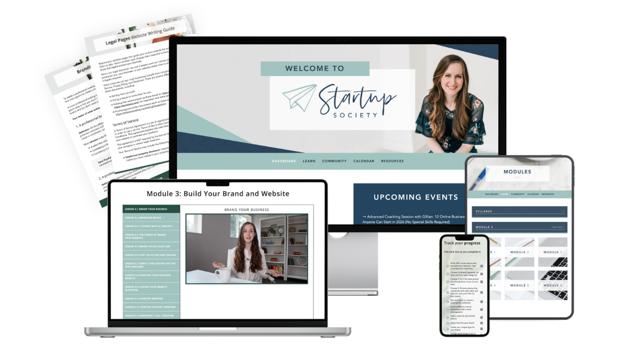 Startup Society curriculum displayed across a laptop, tablet and smartphone, featuring lessons on building and growing an online business.