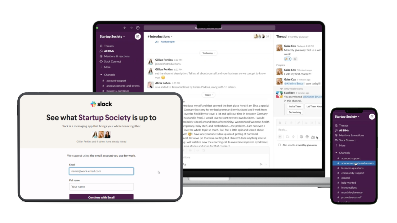 Startup Society Slack community shown across a laptop and smartphone, with conversations between members.